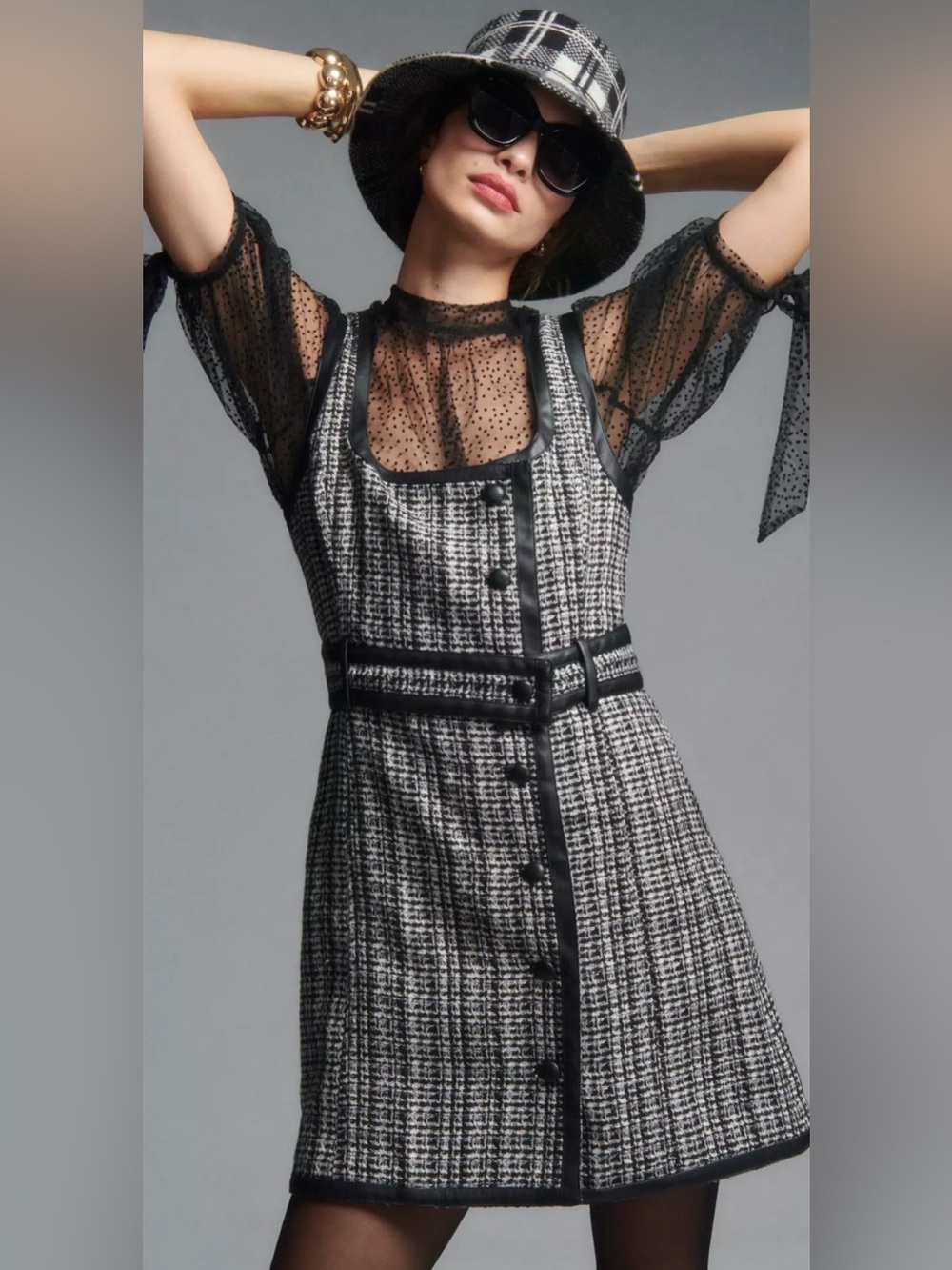 Anthropologie Maeve Black & White Tweed Mini Dress Faux Leather Trim Belted | 6